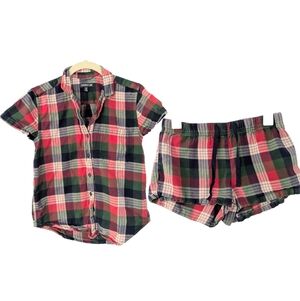 Toad & Co Shuteye Sleep Set Pajama Shirt & Shorts Plaid Flannel Red Green XS